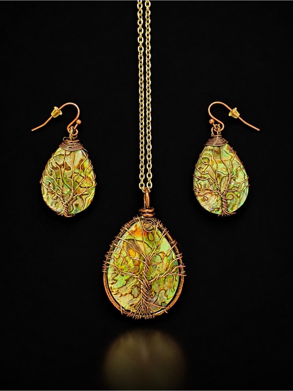 Handcrafted Opalescent Tree of Life Pendant Necklace and Earrings Set